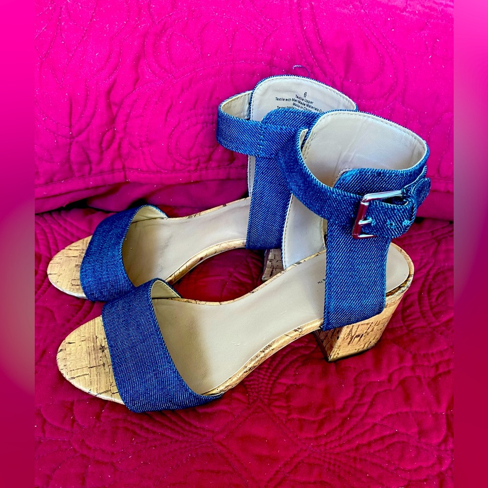 Merona Blue Jean Fabric Ankle Strap Clunky Cork Style Sandal Heel S 6 Womens